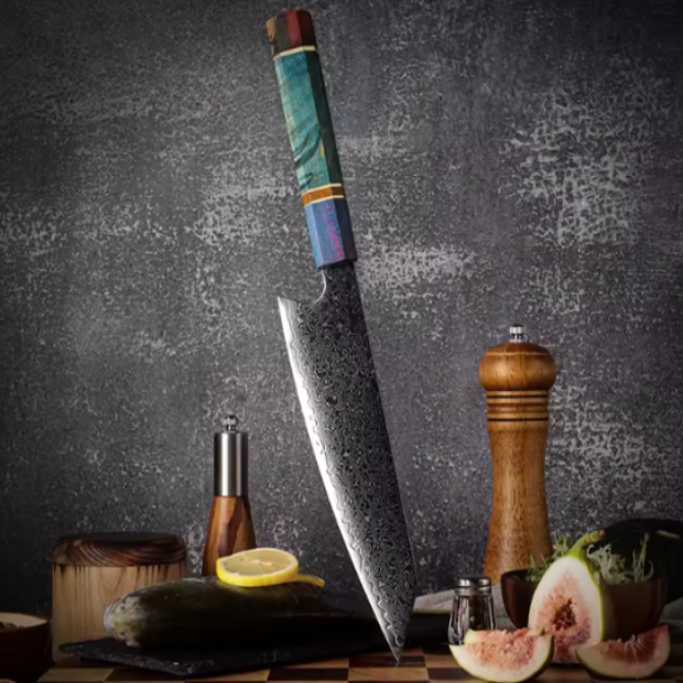 Couteau Kiritsuke japonais en acier damas