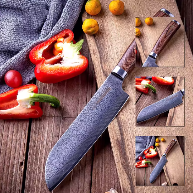 Couteau Santoku japonais en acier damas